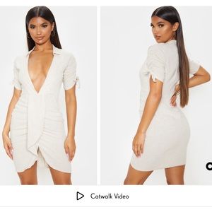 Plt prettylittlething Stone Linen Ruched Sleeve Deep Plunge Bodycon Dress size 6